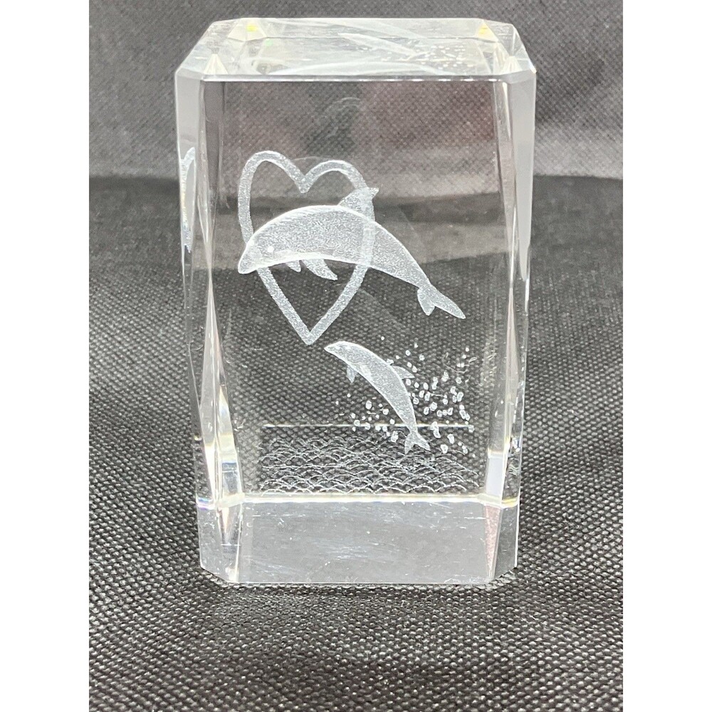 3D Laser Etched Glass Crystal Cube Dolphins  Paperweight